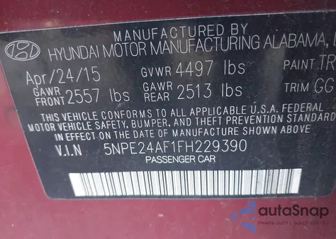 2015 Hyundai Sonata Se z USA, uszkodzony, nr VIN 5NPE24AF1FH229390